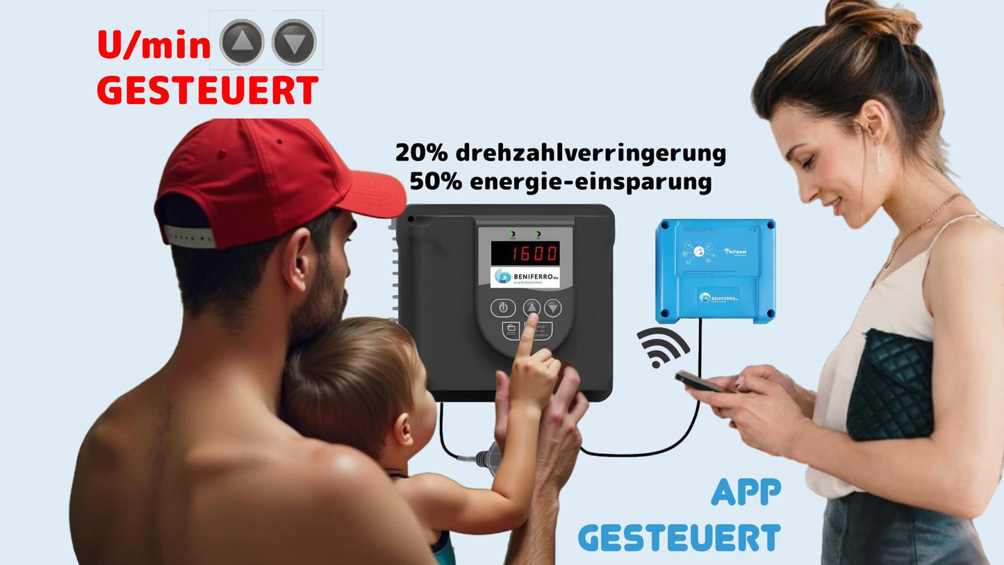 Der Frequenzumrichter ist ein großartiges Werkzeug, um den Energieverbrauch Ihres schwimmbad zu senken. Uber WIFIPOOL Domotika App oder tastatur steuerbar